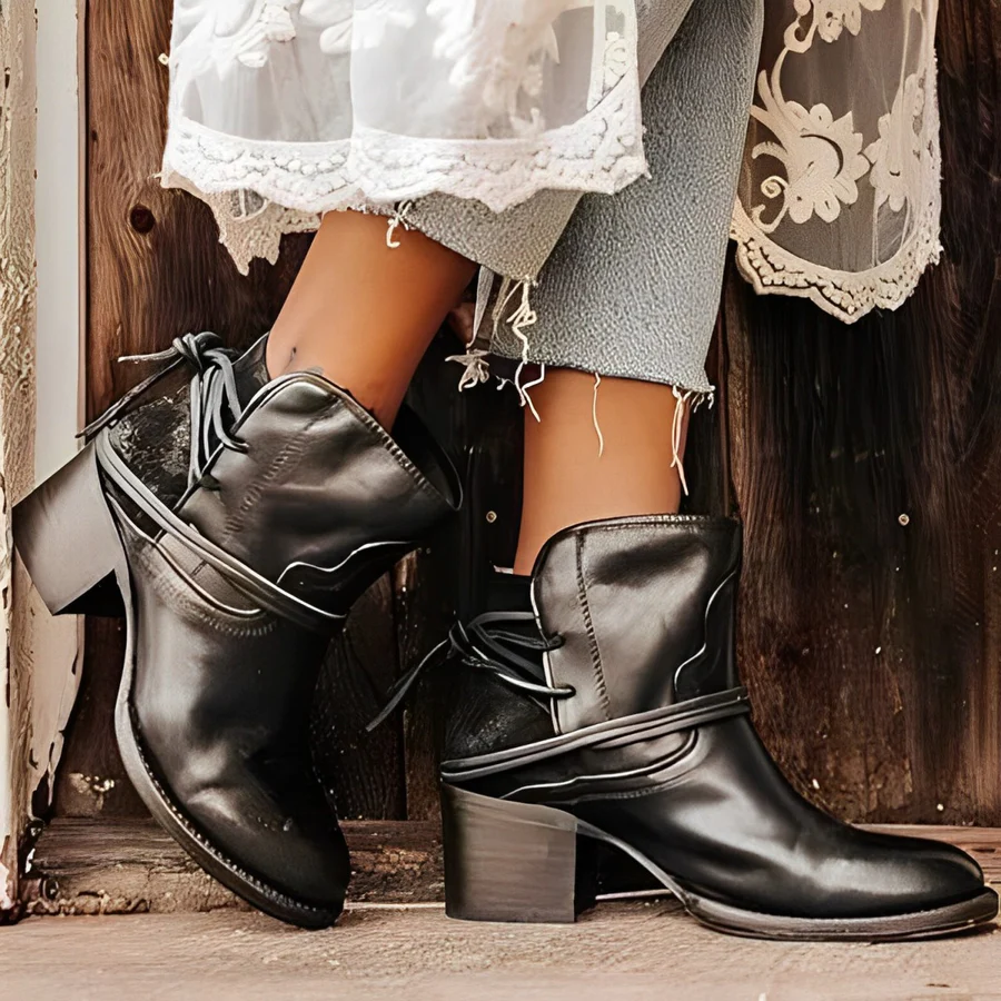 Damen Ankle Boots Wickelbänder Gewalktes Leder Hoher Blockabsatz