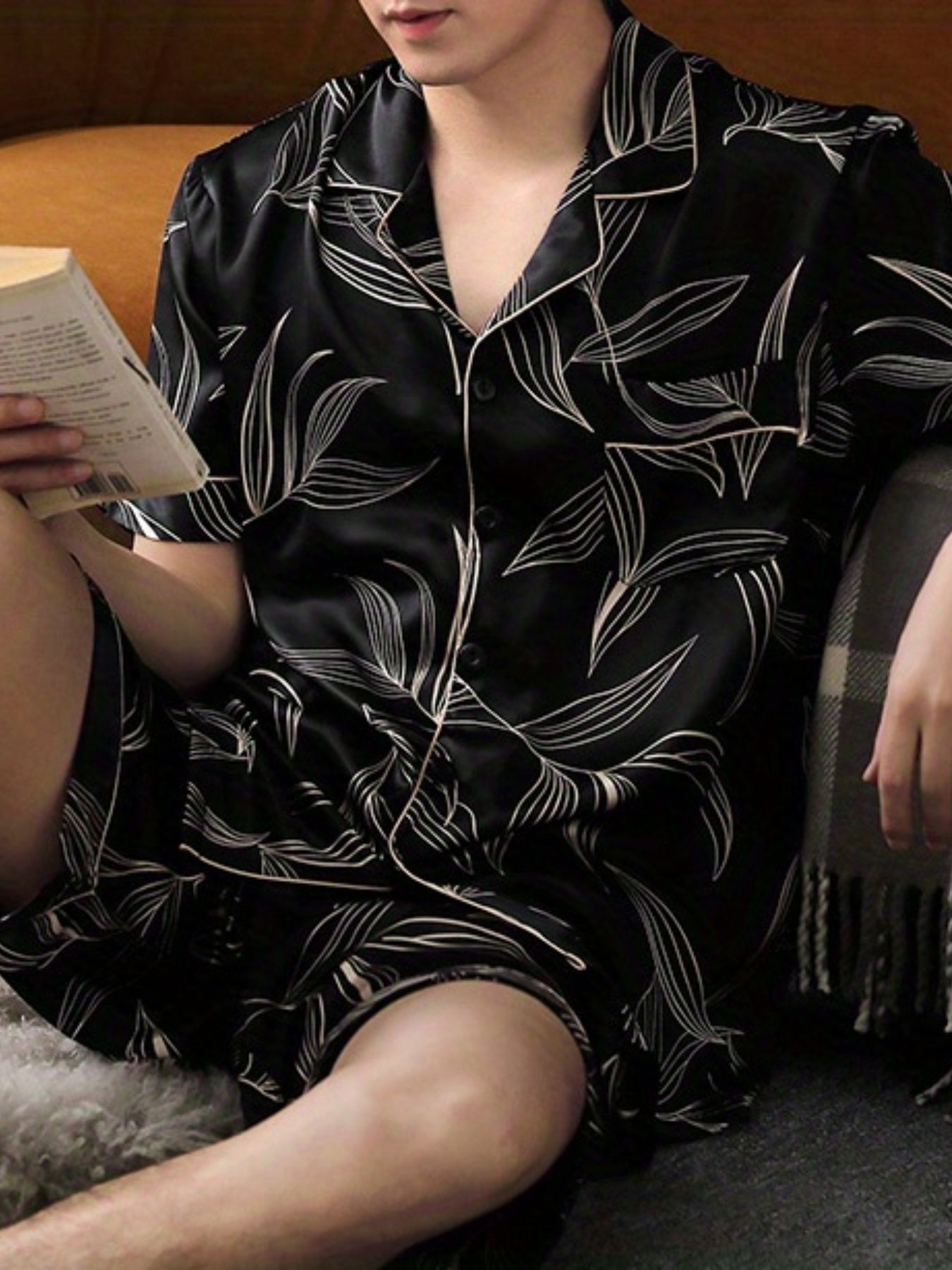 Herren Sommer Eis Seide Pyjama Satz Mit Blumen Und Blättern Druck