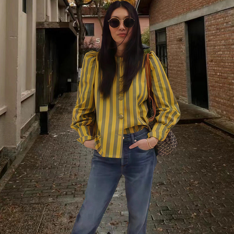 Damen gestreifte Bluse mit Raffinesse und eleganten Knöpfen Fudus