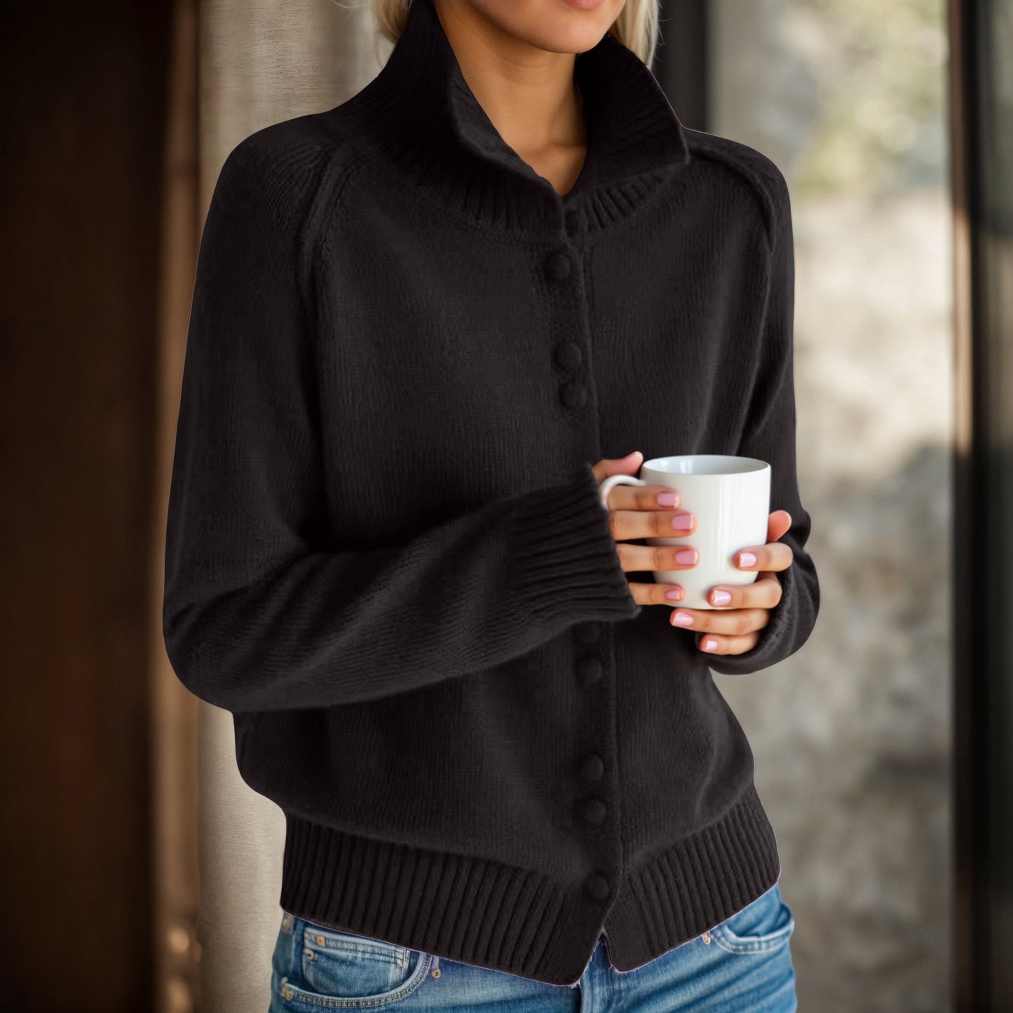 Damen Strickjacke mit hohem Kragen und eleganten Knopfdetails Fudus