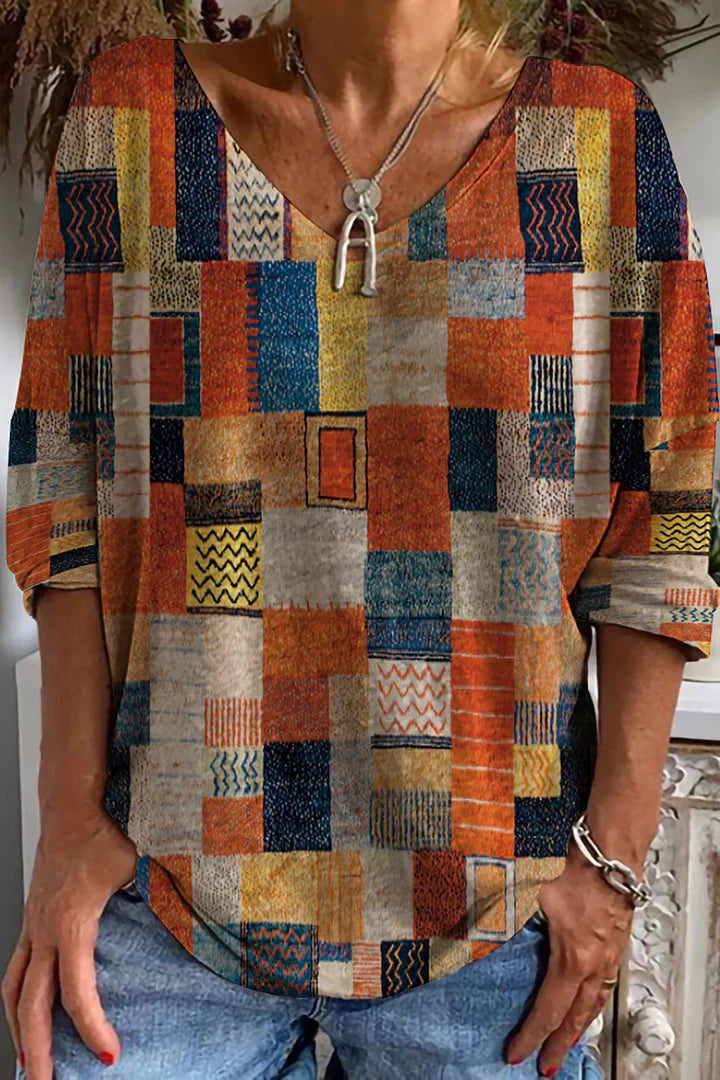 Fudus | Retro-T-Shirt mit ethnischem Druck für Damen