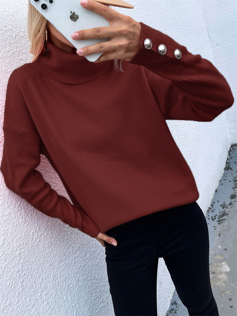Damen Rollkragenpullover mit gestreiftem Design und dekorativen Knöpfen Fudus