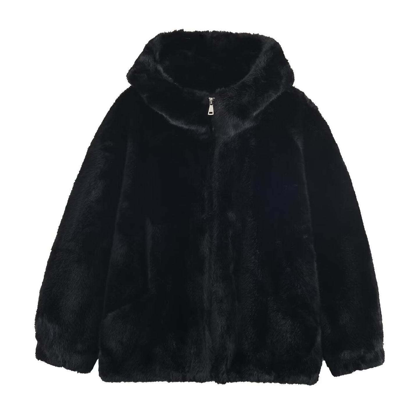 Damen Jacke Kunstpelz Weich Luxuriös Kapuze Praktische Taschen