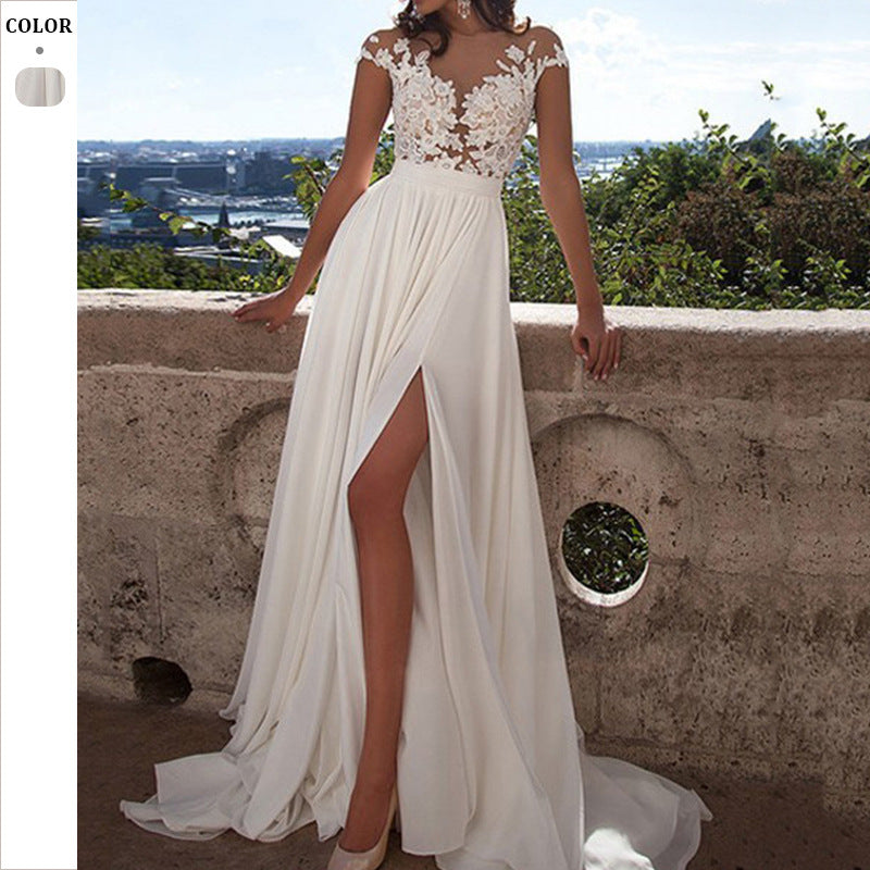 Damen Hochzeitskleid mit elegantem Spitzen-Oberteil und fließendem Rock