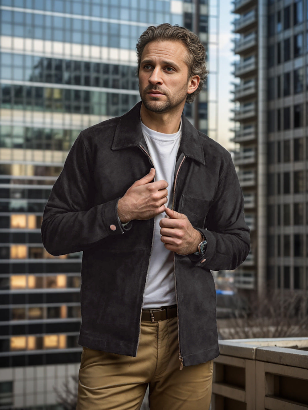 Herren Wildlederjacke mit modernem Stehkragen und praktischen Taschen Fudus