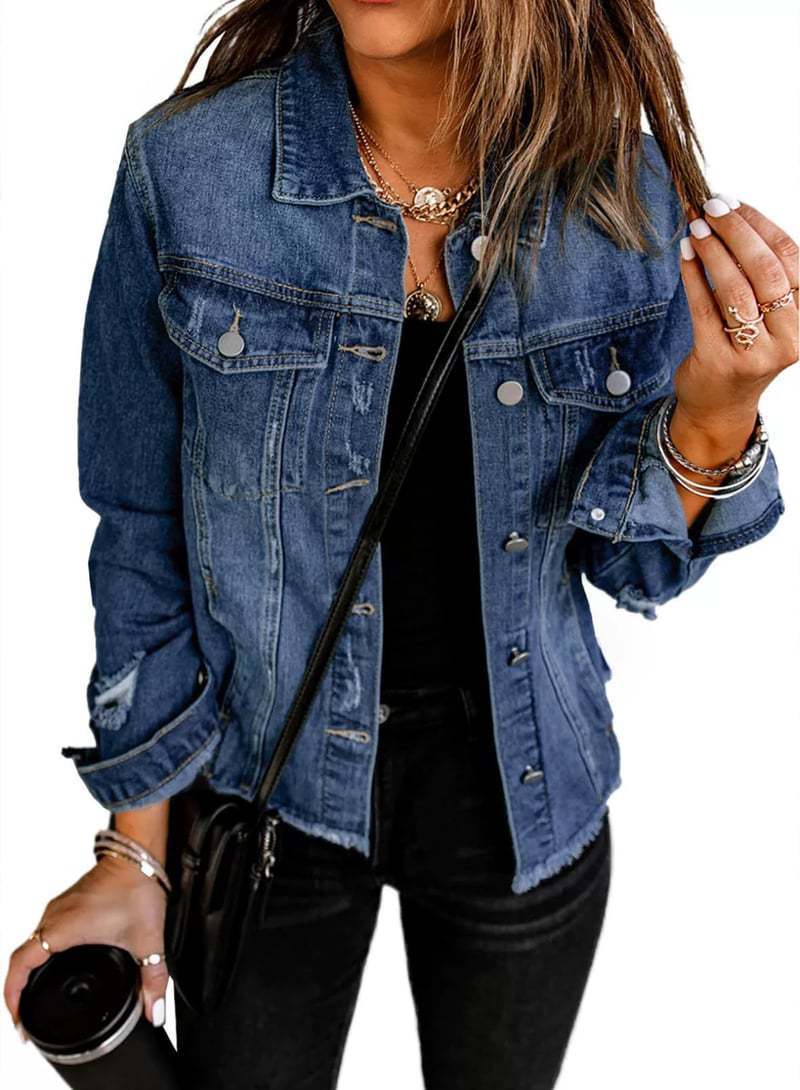 Damen Jeansjacke mit modischen Destroyed-Details und klassischen Brusttaschen Fudus