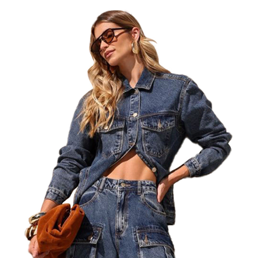 Damen Jeansjacke im Vintage-Stil mit zwei Brusttaschen und knöpfbarem Kragen Fudus