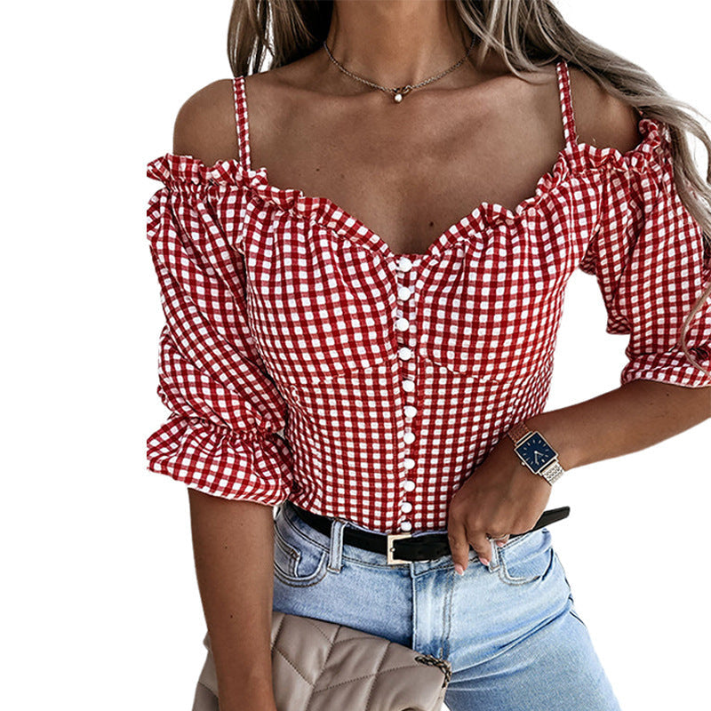 Fudus | Damen Off Shoulder Bluse Mit Rüschendetails Und Karomuster