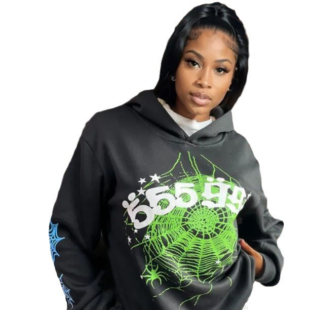 Damen Kapuzenpullover mit kreativem Spinnennetz-Design und modischem Schriftzug Fudus