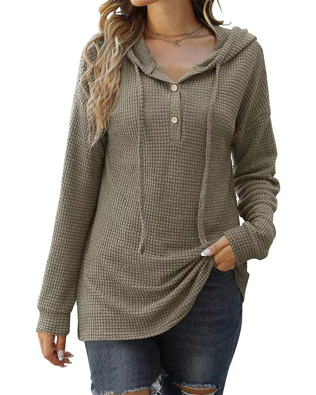 Damen Hüftlanges Wabenmuster-Hoodie mit Knopfdetail Fudus