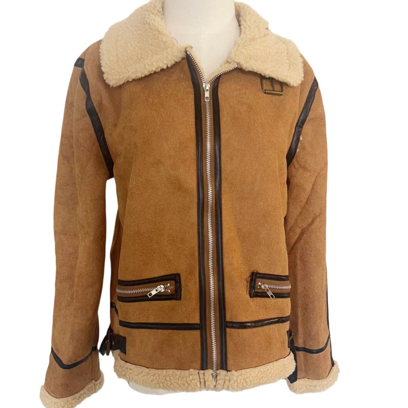 Damen trendige und warme Lammfelljacke mit Kunstlederakzenten Fudus