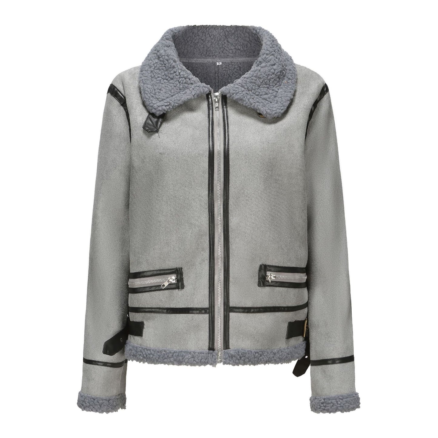 Damen trendige und warme Lammfelljacke mit Kunstlederakzenten Fudus