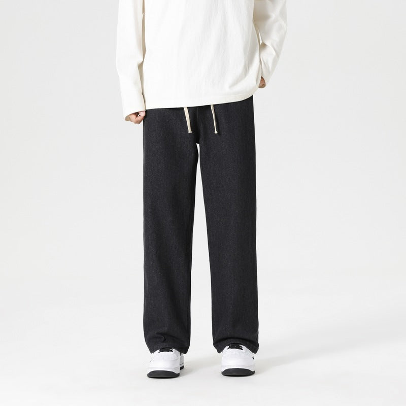 Herren lässige weite Jeanshose mit elastischem Bund und seitlichen Eingrifftaschen Fudus