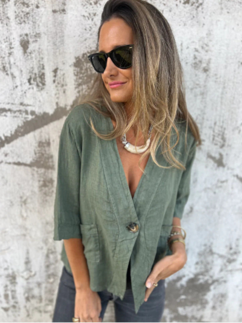 Damen Leichtes Leinenblazer mit kurzer Arm Fudus