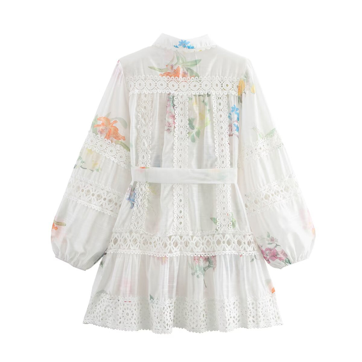 Fudus | Sommer Puppenkragen Spitzenrand Gürtel Bedrucktes Kleid