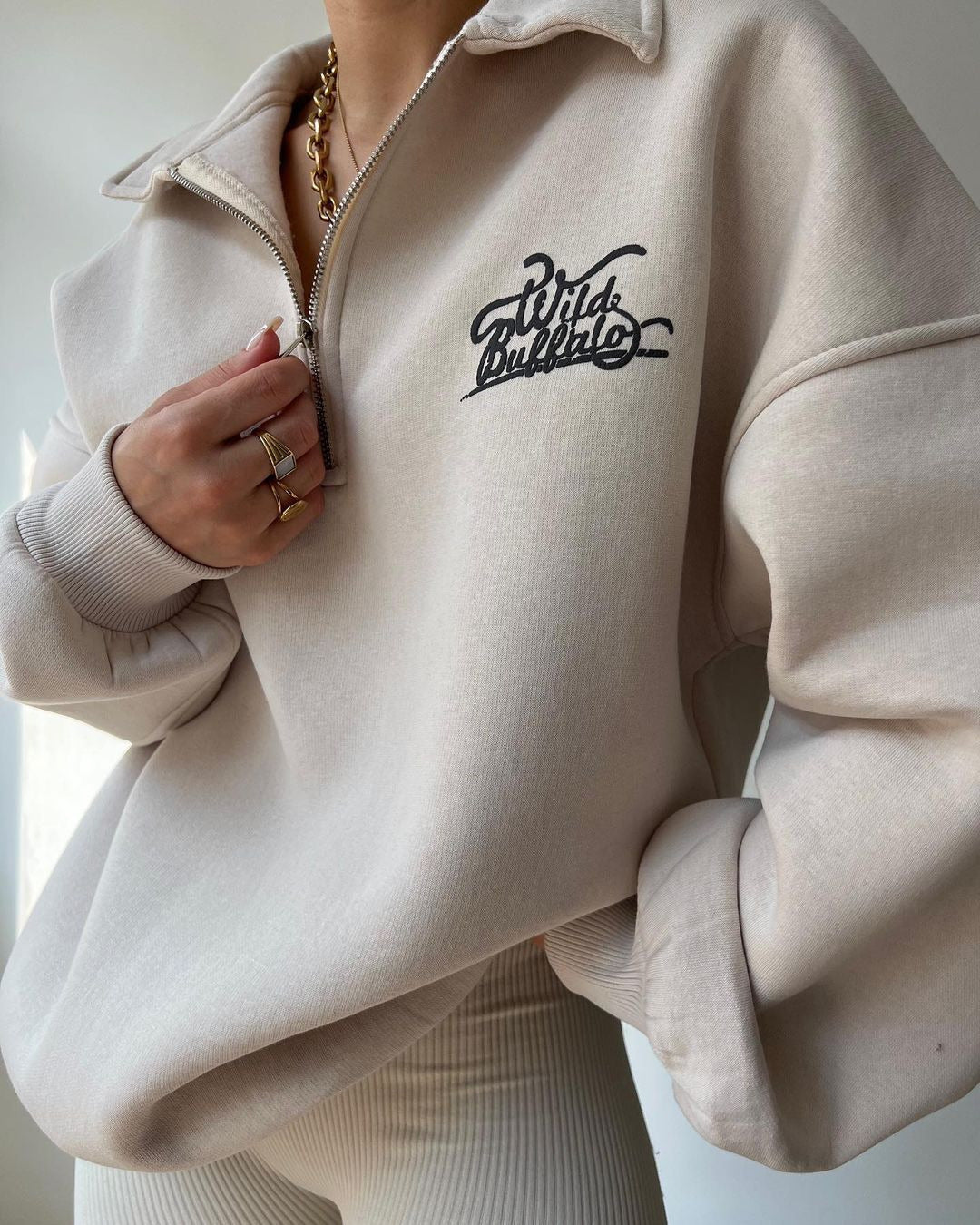 Damen Hoodie-Pullover mit hohem Kragen und Reißverschluss Fudus