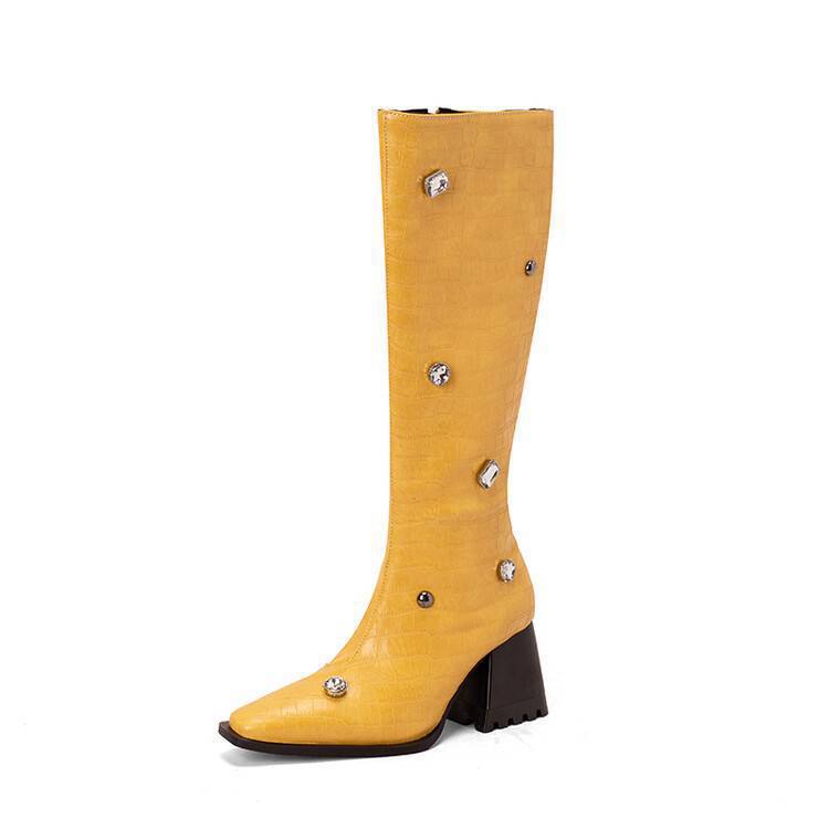 Damen Overknee Stiefel mit Schlangenlederoptik und blockfachem Absatz Fudus