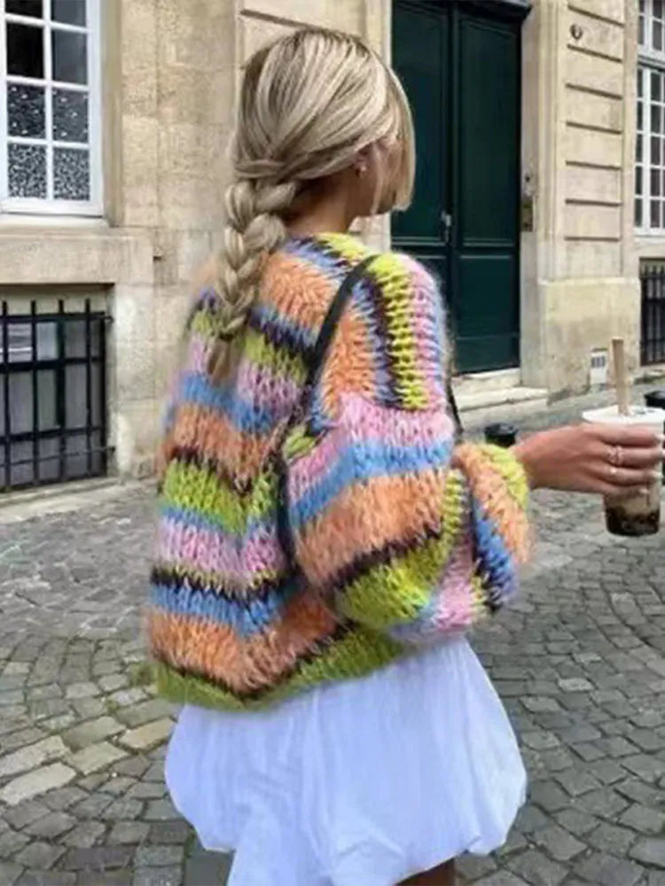 Gestreifter Strickcardigan Damen Regenbogenfarben