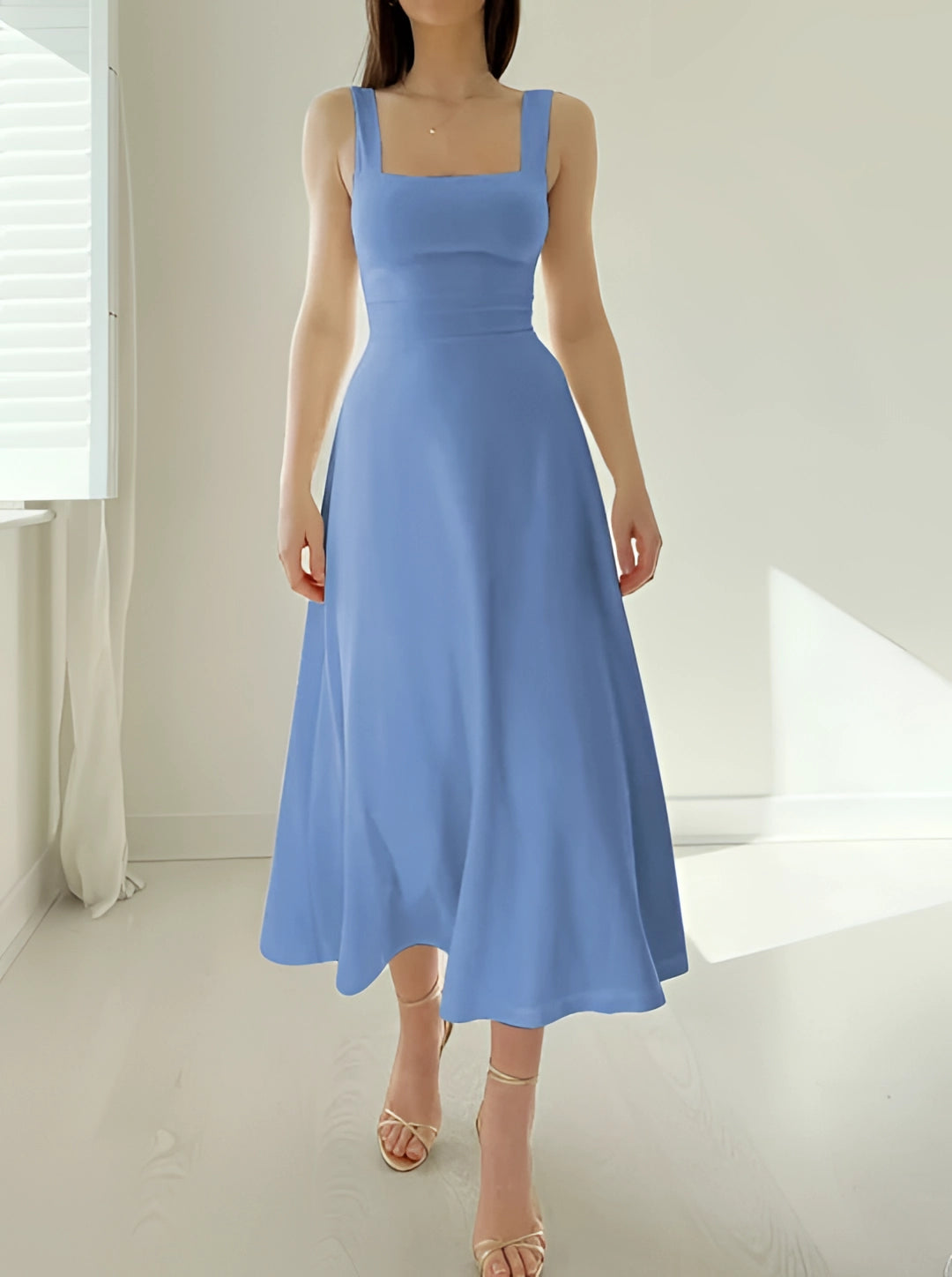 Damen Teal Midi Kleid Mit Quadrat Ausschnitt Und A Linien Design