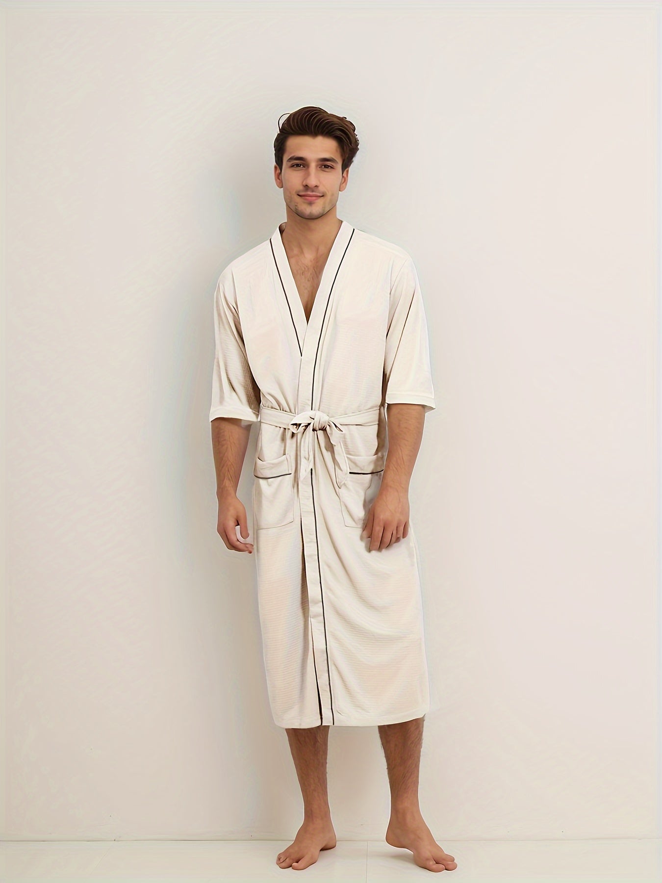 Fudus | Stylische Herrenbademantel Mit Kurzen Ärmeln Und Doppelten Taschen