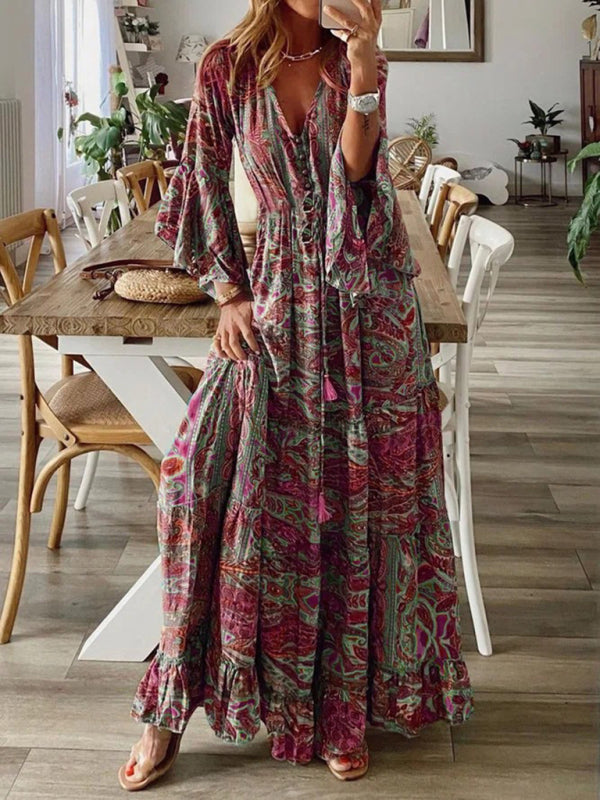 Damen Bohemian Stil Trompetärmeln Druck V-Ausschnitt Hohe Taille Ferien Kleid Floral Weiblich Lange Rock