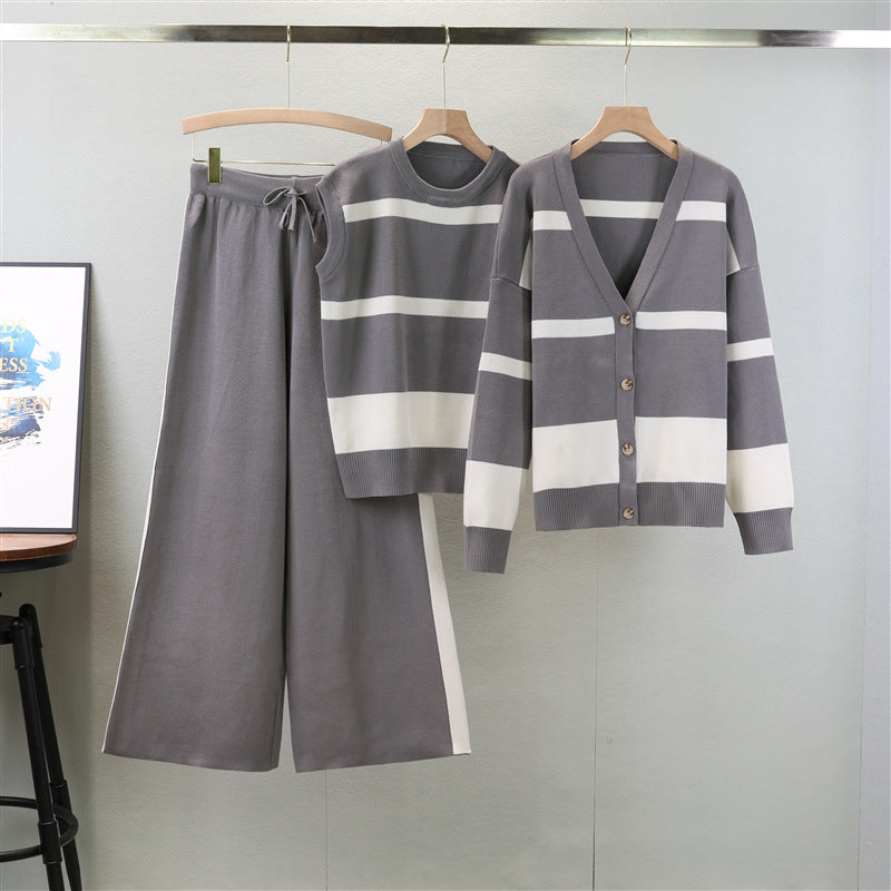 Damen Lounge Set 3 Teilig Gestrickt Tanktop Strickjacke Hose