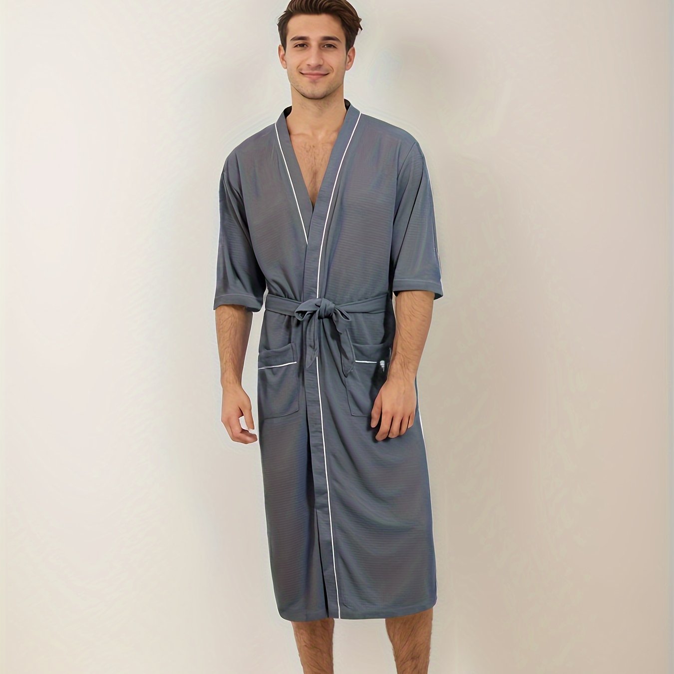 Fudus | Stylische Herrenbademantel Mit Kurzen Ärmeln Und Doppelten Taschen