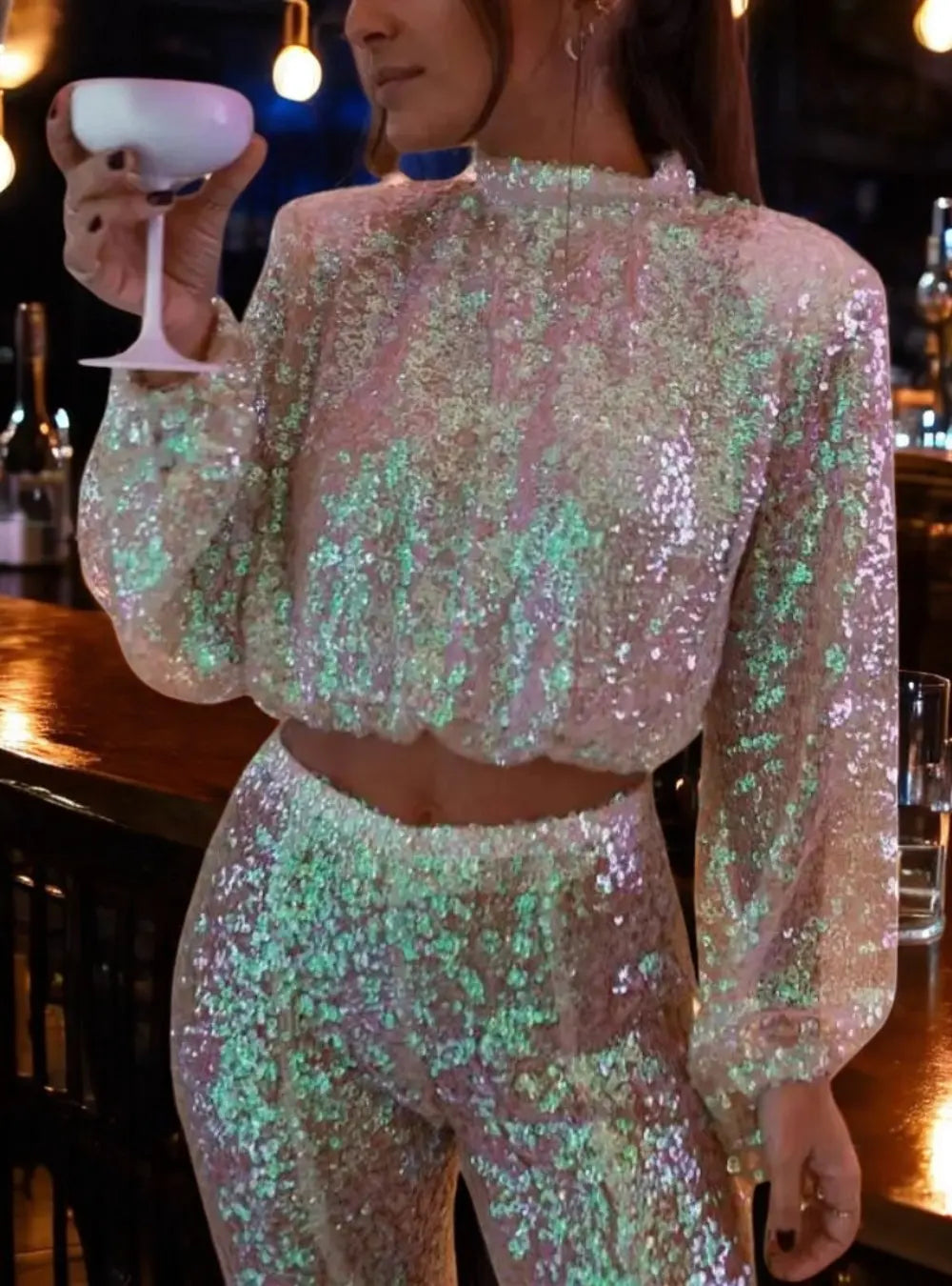Damen Eleganter Pailletten Zweiteiliger Overall Satz