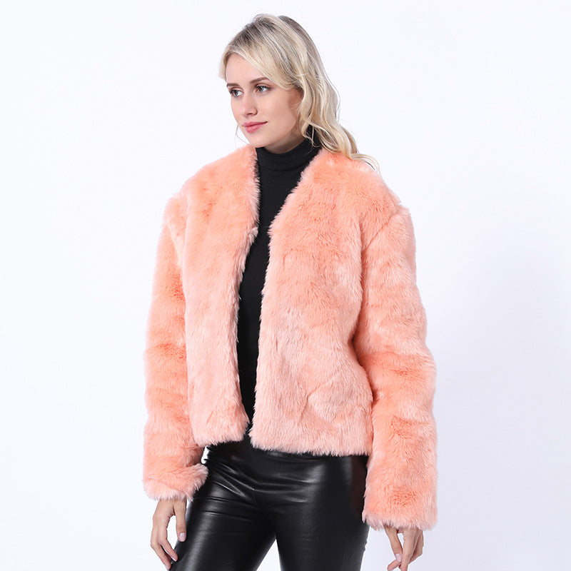 Damen Kurze Kunstpelzjacke mit modernem Schnitt und breit geschnittenen Ärmeln Fudus