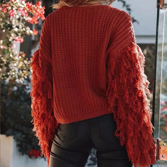 Damen Kuscheliger Pullover mit Fransendetails Fudus