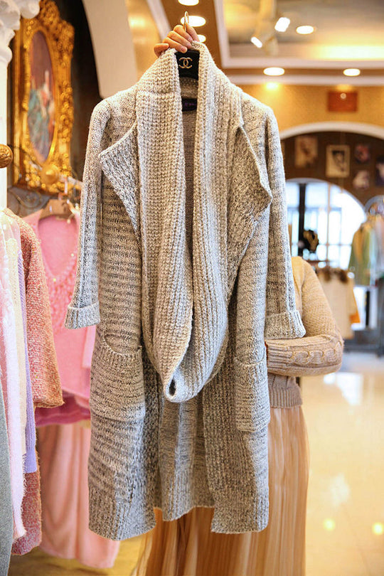 Damen Langer oversized Strickmantel mit asymmetrischem Kragen und Taschen Fudus