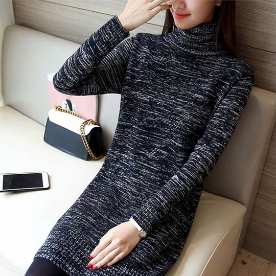 Damen langärmliges Strickkleid mit hohem Rollkragen Fudus