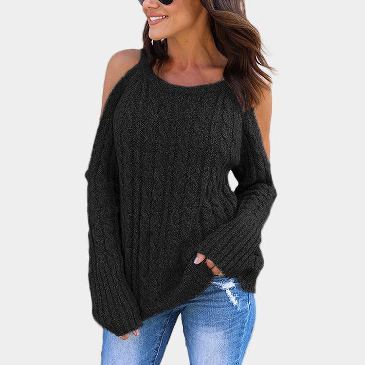 Damen Grobstrick Pullover mit offenem Schulterdesign und tiefen Bündchen Fudus