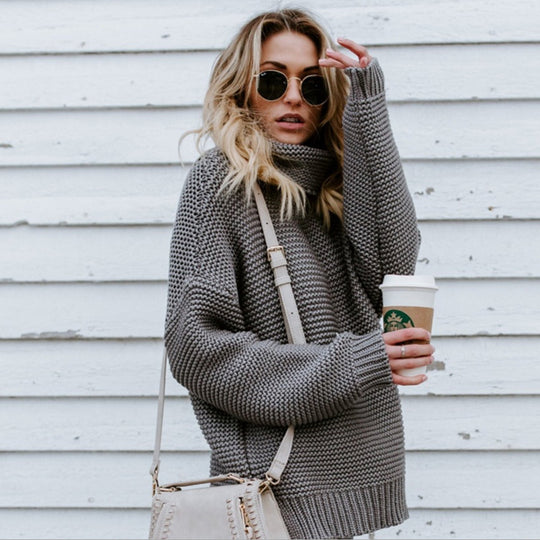 Damen Grobstrick Pullover mit hohem Kragen und strukturiertem Muster Fudus