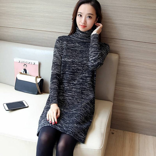 Damen langärmliges Strickkleid mit hohem Rollkragen Fudus