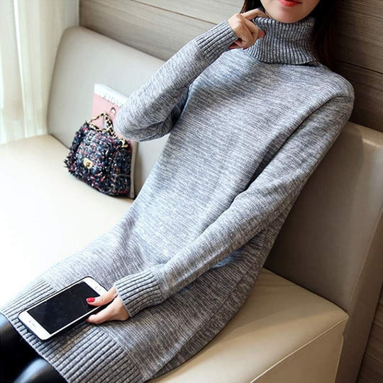 Damen langärmliges Strickkleid mit hohem Rollkragen Fudus