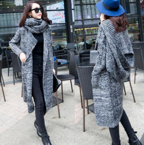 Damen Langer oversized Strickmantel mit asymmetrischem Kragen und Taschen Fudus