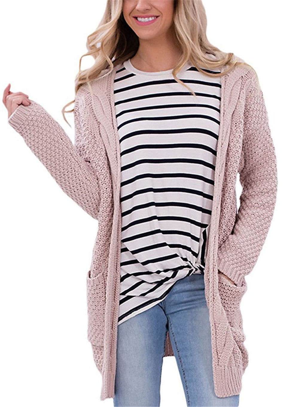 Damen Grobstrick Cardigan mit offenen Fronten und großen Eingrifftaschen Fudus