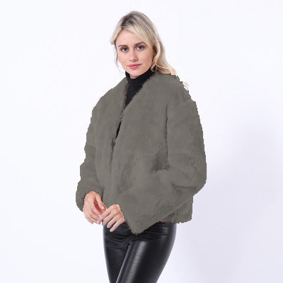 Damen Kurze Kunstpelzjacke mit modernem Schnitt und breit geschnittenen Ärmeln Fudus