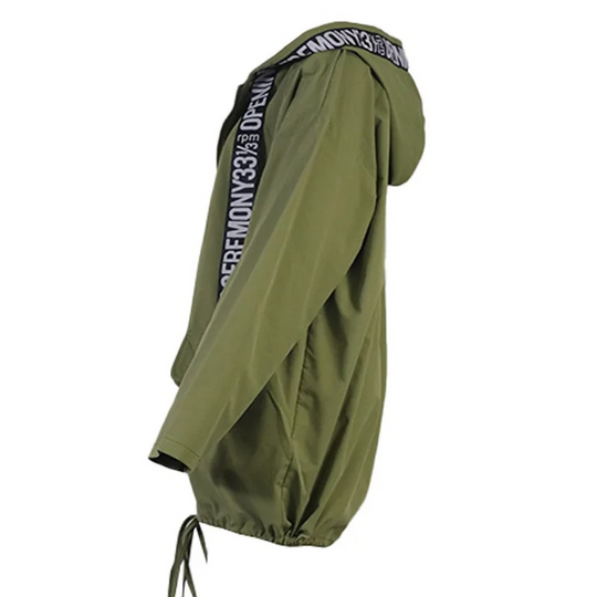 Damen Trenchcoat mit Kapuze und Auffälligem Textdesign