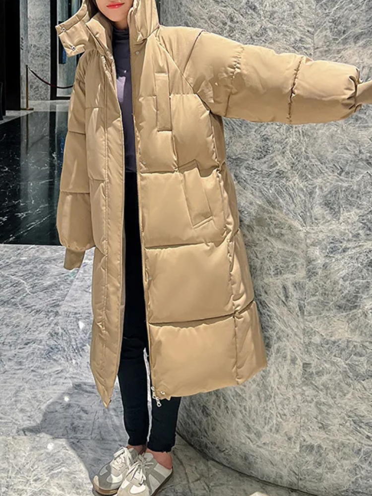 Damen Lange Oversized Steppwinterjacke mit Kapuze