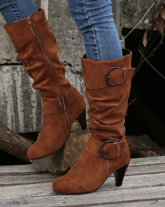 Damen Stiefel Absatz Wildlederlook Schnallen Reißverschluss