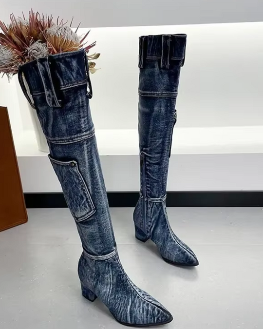 Damen Kniehohe Stiefel Blockabsatz Modisch