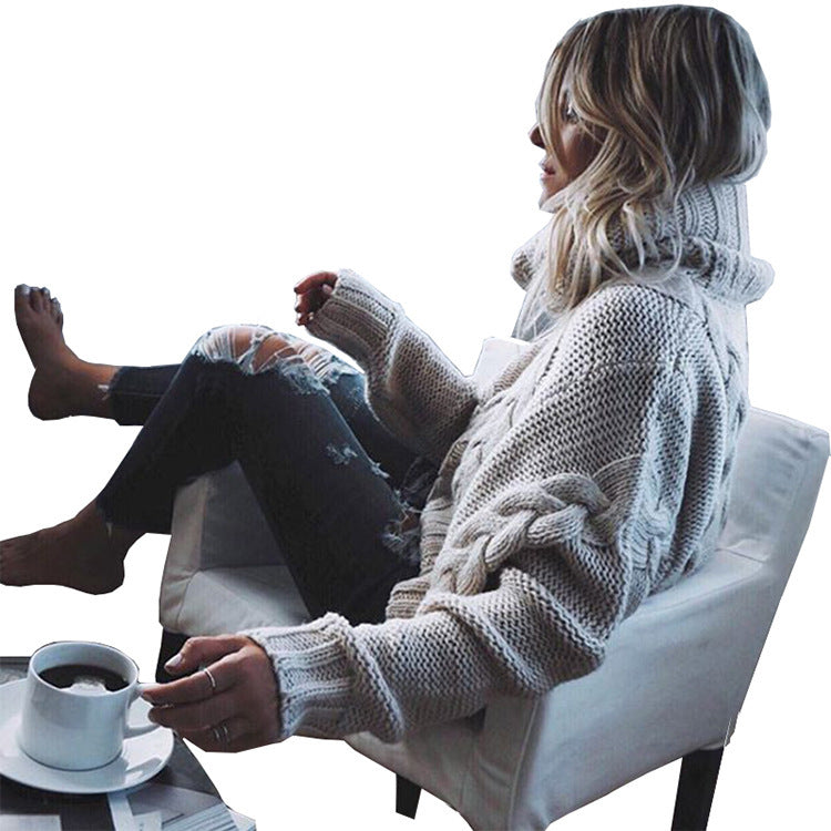 Damen Grobstrick Pullover mit hohem Kragen und Zopfdetails Fudus