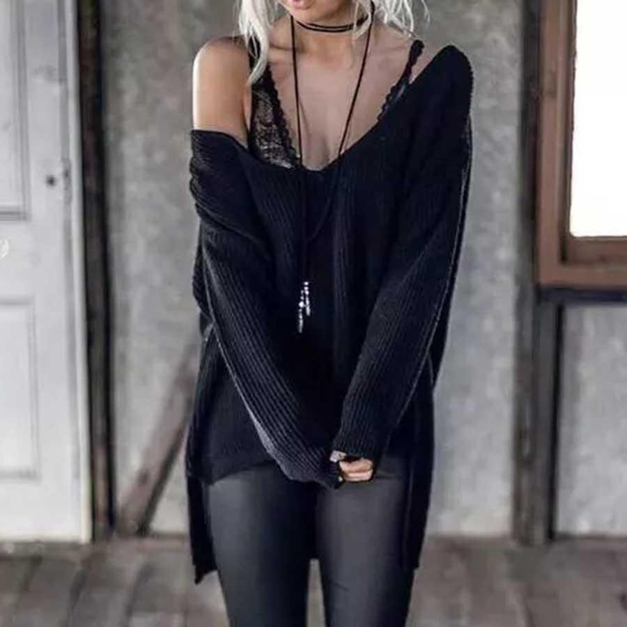 Damen Grobstrickpullover mit tiefem V-Ausschnitt und weiten Ärmeln Fudus