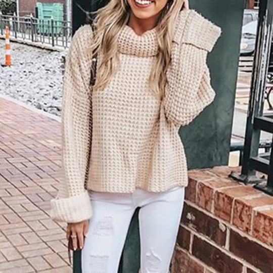 Damen Grobstrick Pullover mit hohem Kragen und weitem Schnitt Fudus