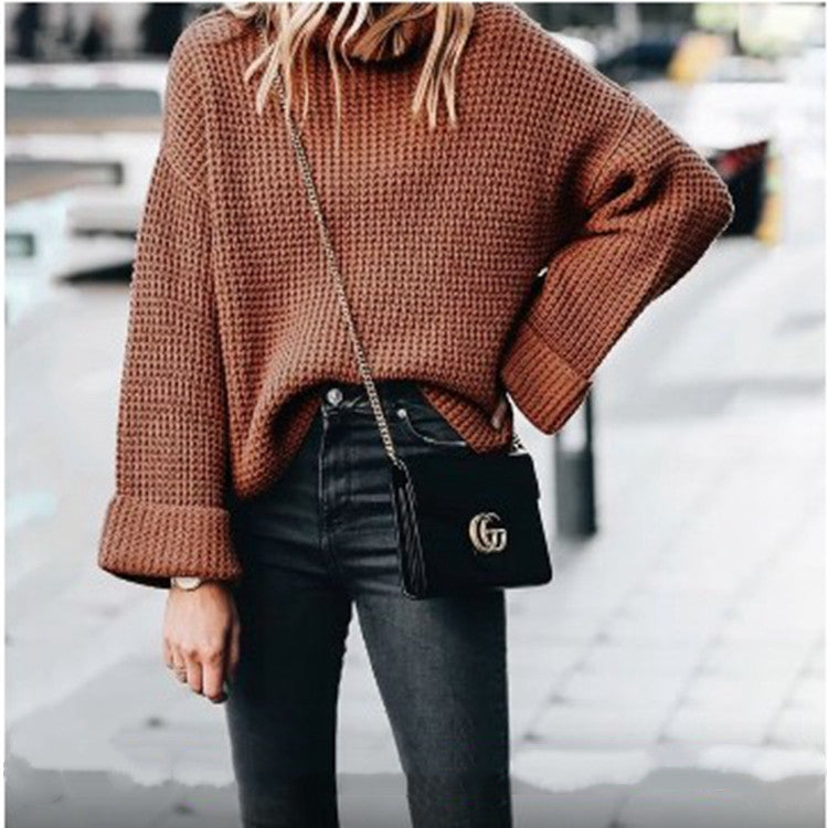 Damen Grobstrick Pullover mit hohem Kragen und weitem Schnitt Fudus