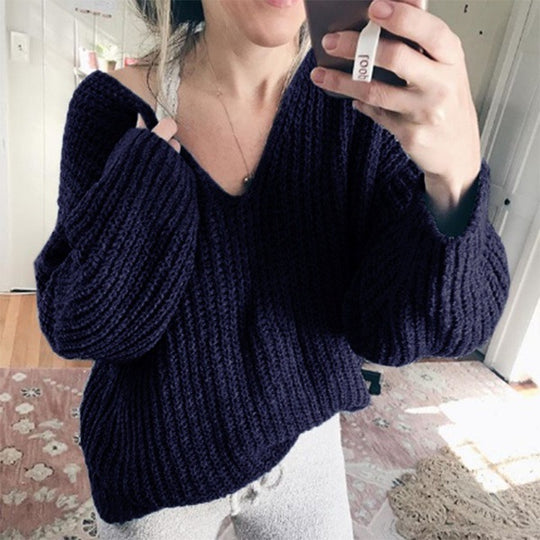 Damen Grobstrickpullover mit lässigem V-Ausschnitt und weiten Ärmeln Fudus