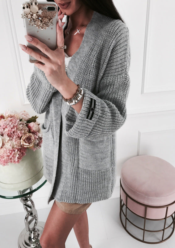 Damen Grobstrick Cardigan mit modischen Details und Taschen Fudus