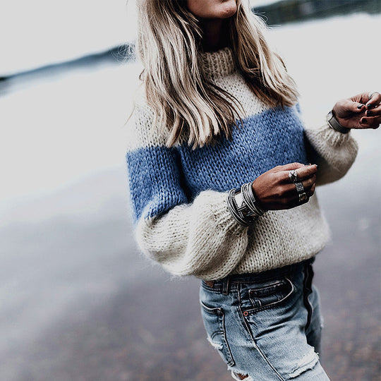 Damen Grobstrickpullover mit Blockstreifen Fudus